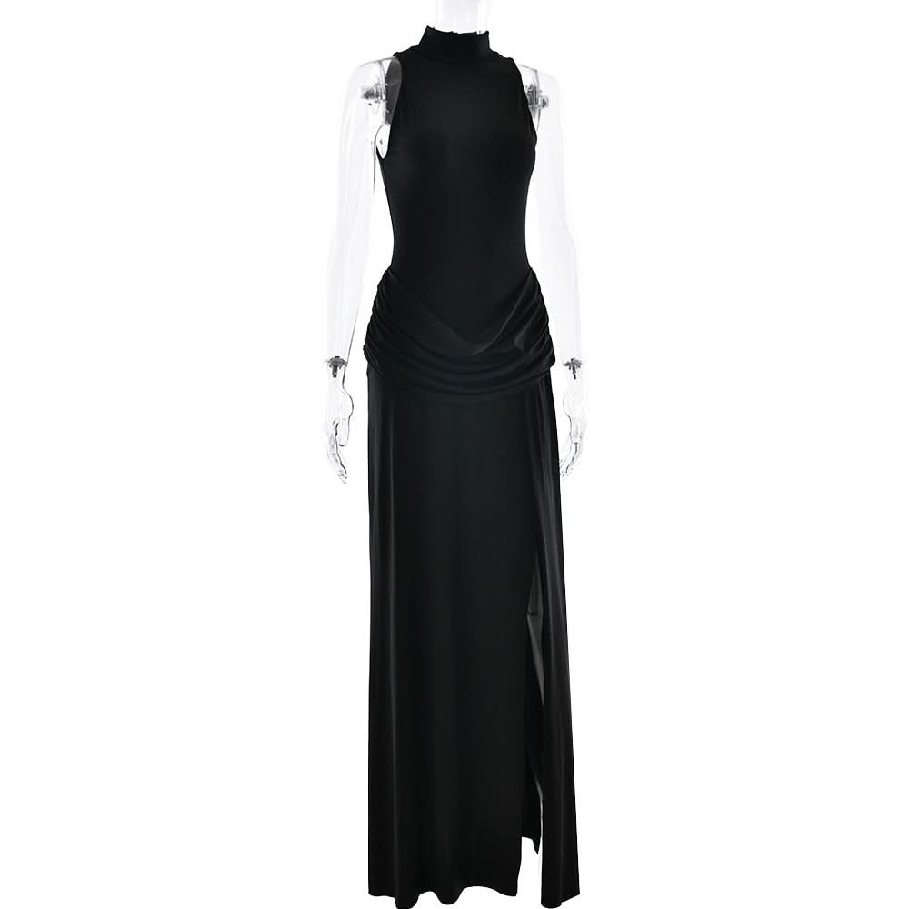 Sophisticated Black Mock Neck Ruched Maxi Dress with High Slit | Holiday Party & New Year's Eve Glam