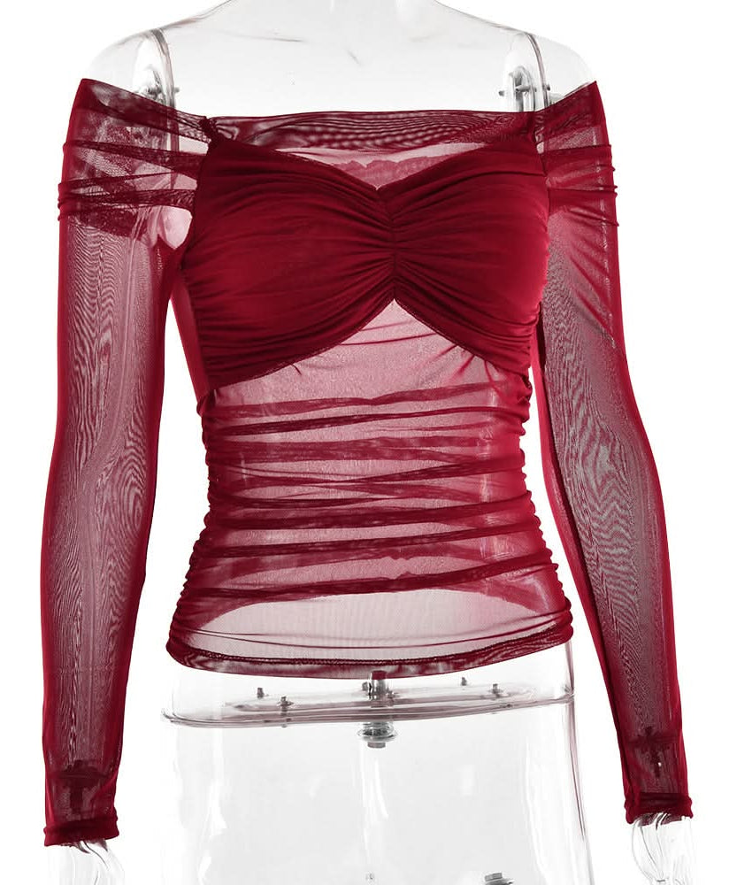 Sultry Burgundy Off-Shoulder Ruched Mesh Top - Fall & Holiday Chic