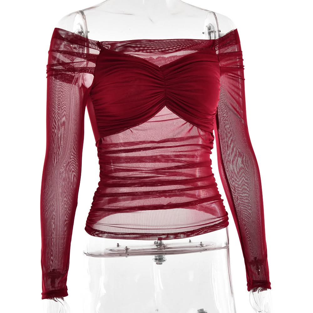Sultry Burgundy Off-Shoulder Ruched Mesh Top - Fall & Holiday Chic