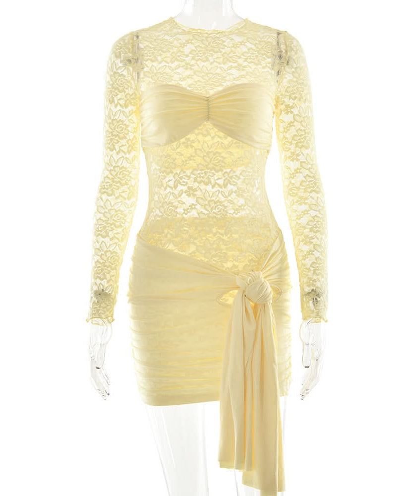 Black Lace Long Sleeve Ruched Mini Dress with Dramatic Asymmetrical Drape | Fall & Holiday Party Glam