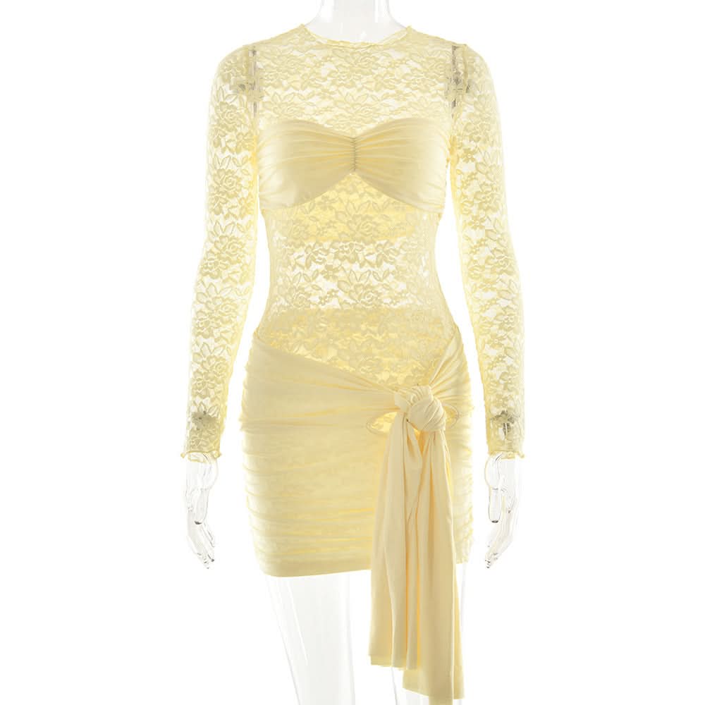 Black Lace Long Sleeve Ruched Mini Dress with Dramatic Asymmetrical Drape | Fall & Holiday Party Glam