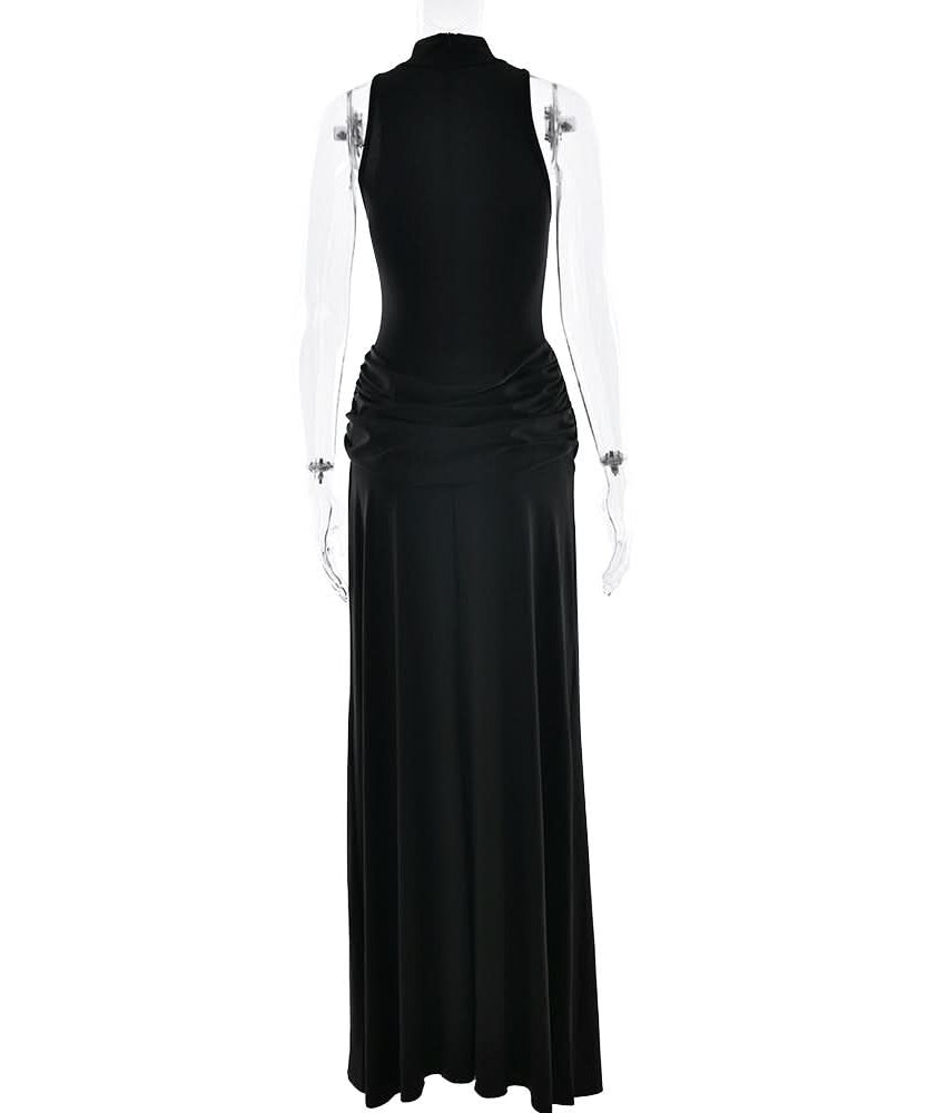 Sophisticated Black Mock Neck Ruched Maxi Dress with High Slit | Holiday Party & New Year's Eve Glam
