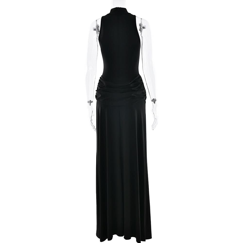 Sophisticated Black Mock Neck Ruched Maxi Dress with High Slit | Holiday Party & New Year's Eve Glam