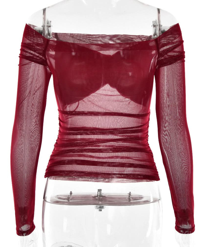 Sultry Burgundy Off-Shoulder Ruched Mesh Top - Fall & Holiday Chic