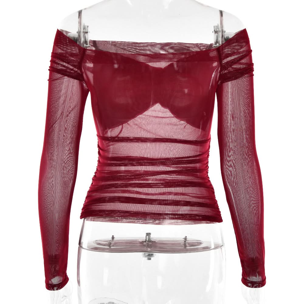 Sultry Burgundy Off-Shoulder Ruched Mesh Top - Fall & Holiday Chic