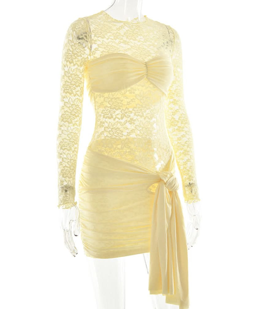 Black Lace Long Sleeve Ruched Mini Dress with Dramatic Asymmetrical Drape | Fall & Holiday Party Glam