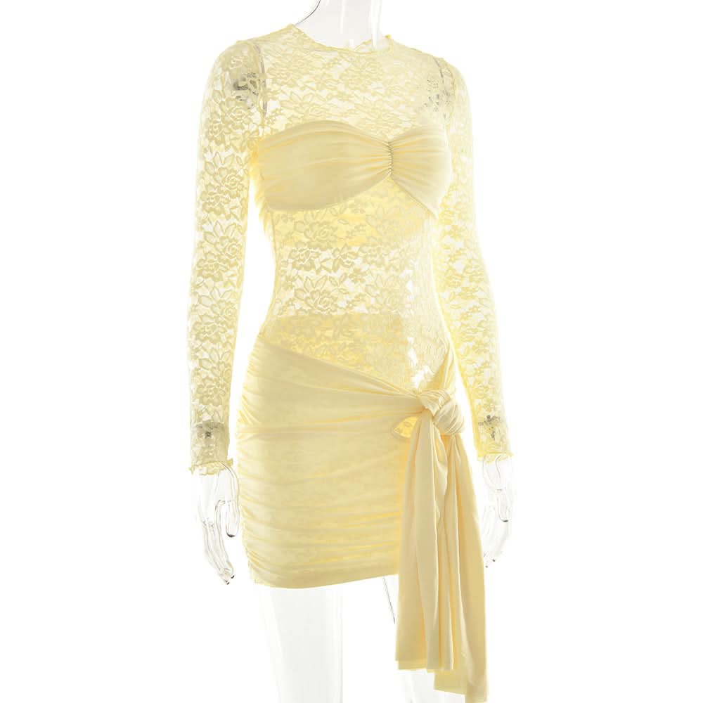 Black Lace Long Sleeve Ruched Mini Dress with Dramatic Asymmetrical Drape | Fall & Holiday Party Glam