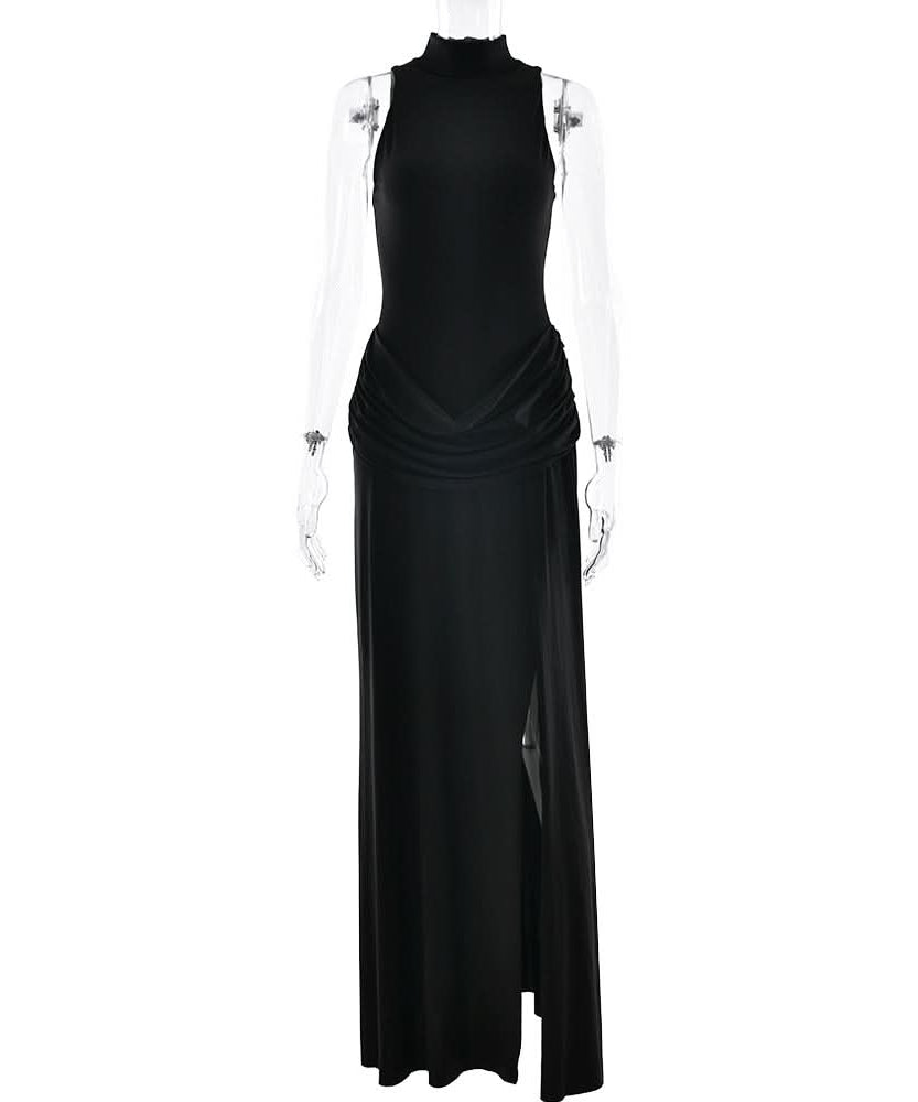 Sophisticated Black Mock Neck Ruched Maxi Dress with High Slit | Holiday Party & New Year's Eve Glam