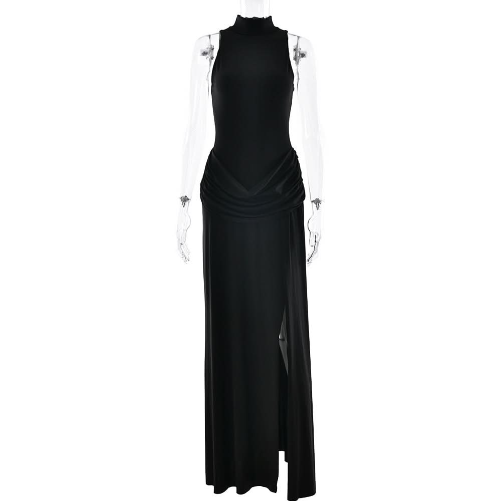 Sophisticated Black Mock Neck Ruched Maxi Dress with High Slit | Holiday Party & New Year's Eve Glam