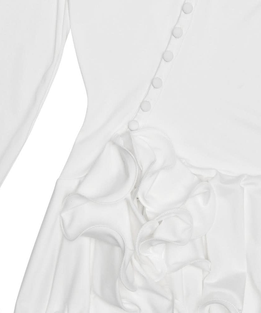 Autumn Chic Asymmetrical Ruffle Bell Sleeve Tunic Top | Effortless White Mini Dress