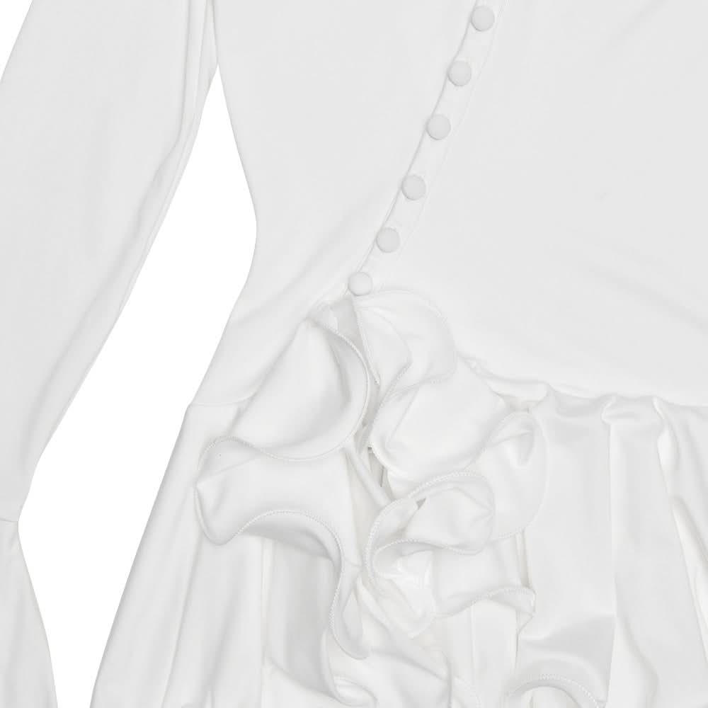 Autumn Chic Asymmetrical Ruffle Bell Sleeve Tunic Top | Effortless White Mini Dress