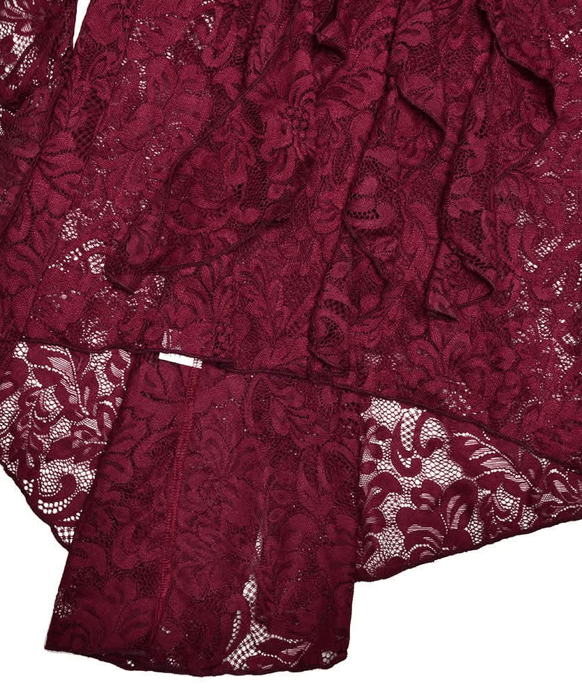 Enchanting Fall: Burgundy Lace Ruffle Halter Maxi Dress - Perfect for Halloween & Holiday Soirees