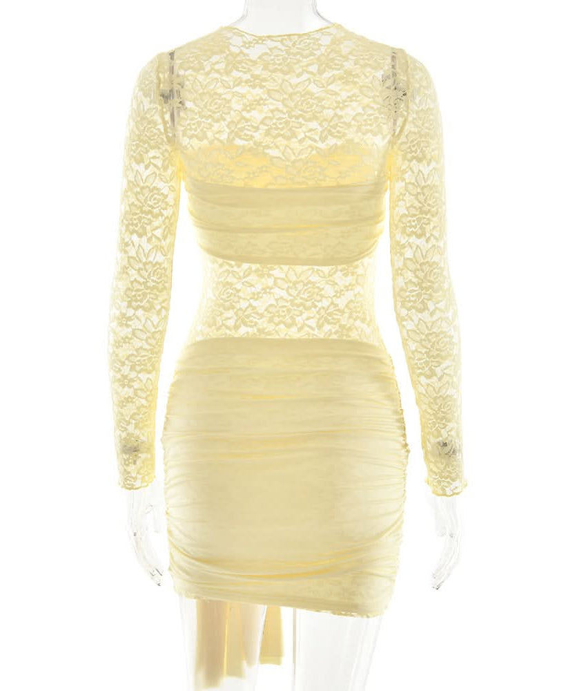 Black Lace Long Sleeve Ruched Mini Dress with Dramatic Asymmetrical Drape | Fall & Holiday Party Glam