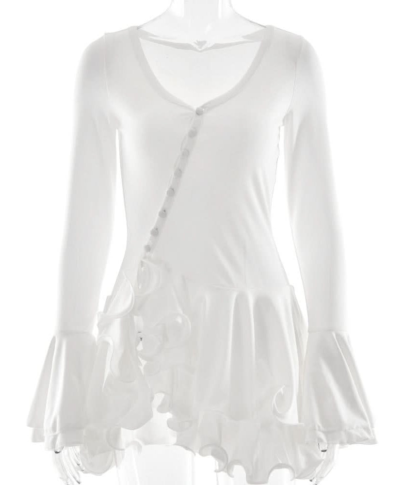 Autumn Chic Asymmetrical Ruffle Bell Sleeve Tunic Top | Effortless White Mini Dress