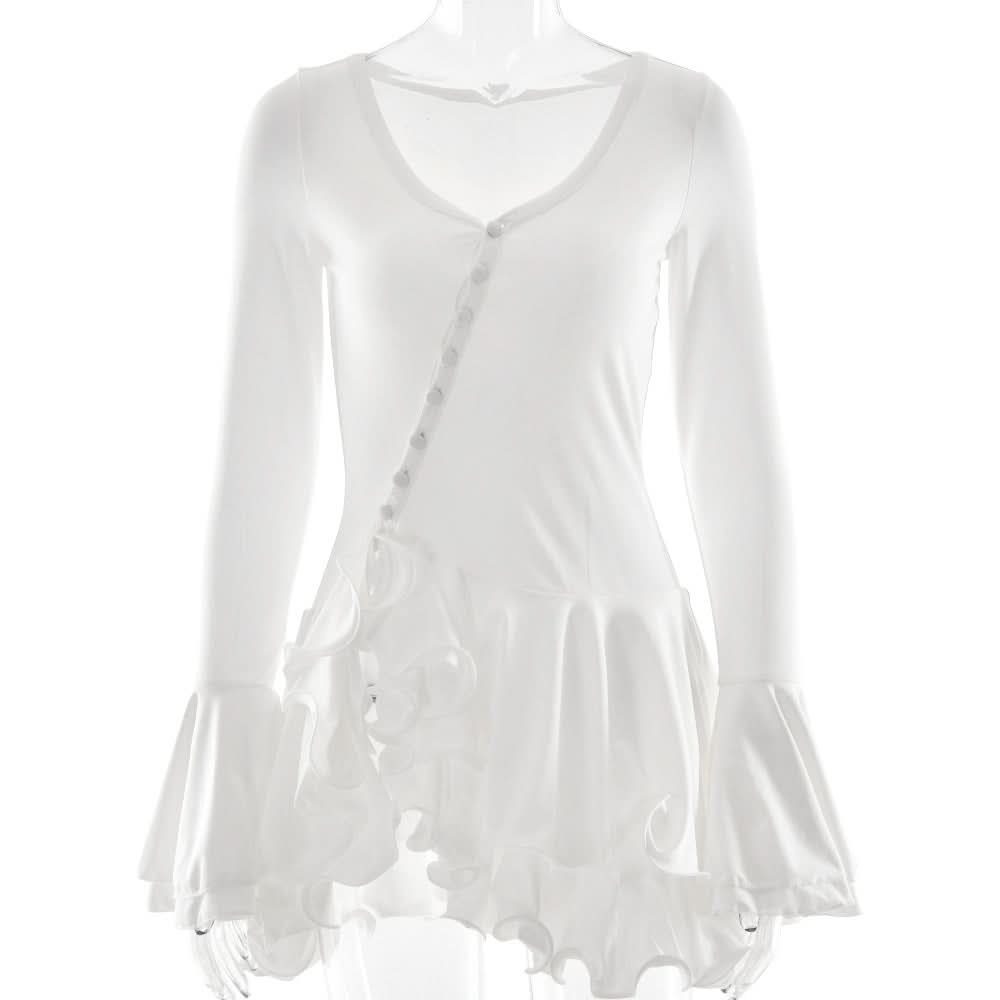 Autumn Chic Asymmetrical Ruffle Bell Sleeve Tunic Top | Effortless White Mini Dress