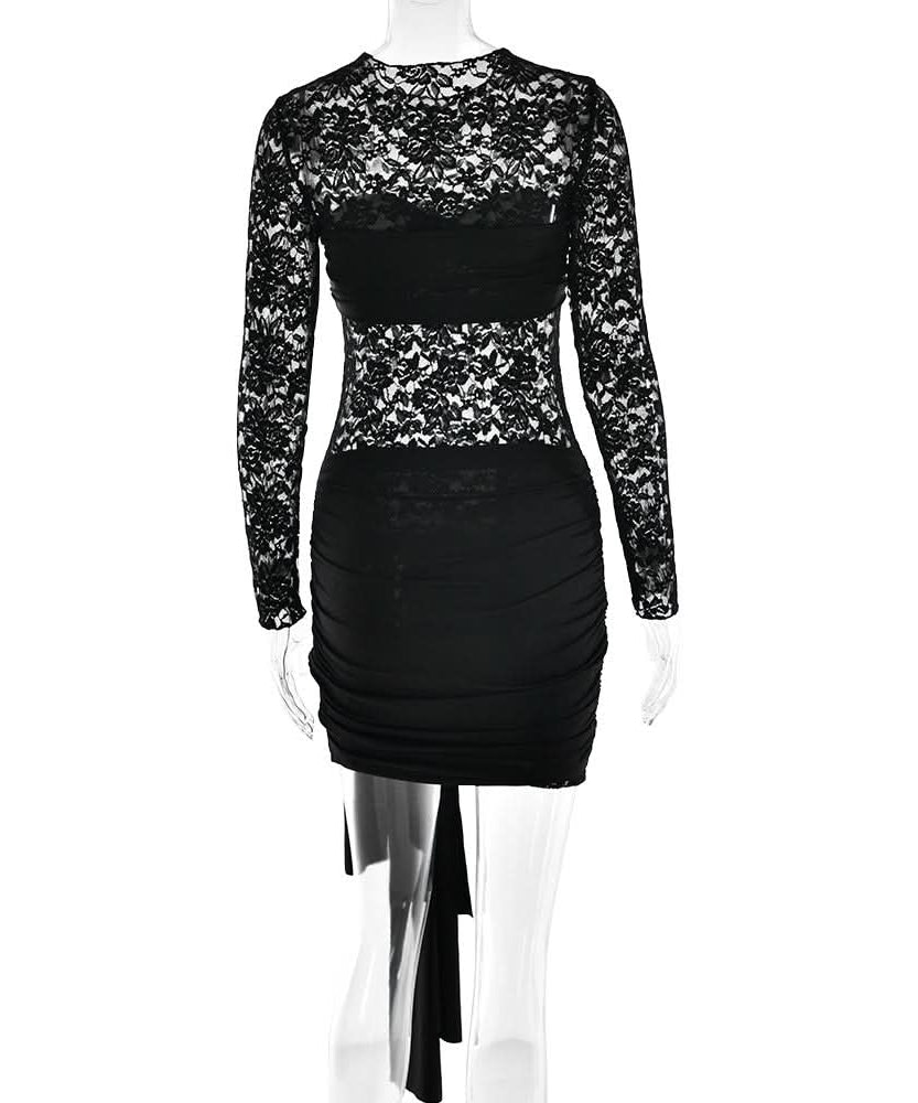 Black Lace Long Sleeve Ruched Mini Dress with Dramatic Asymmetrical Drape | Fall & Holiday Party Glam