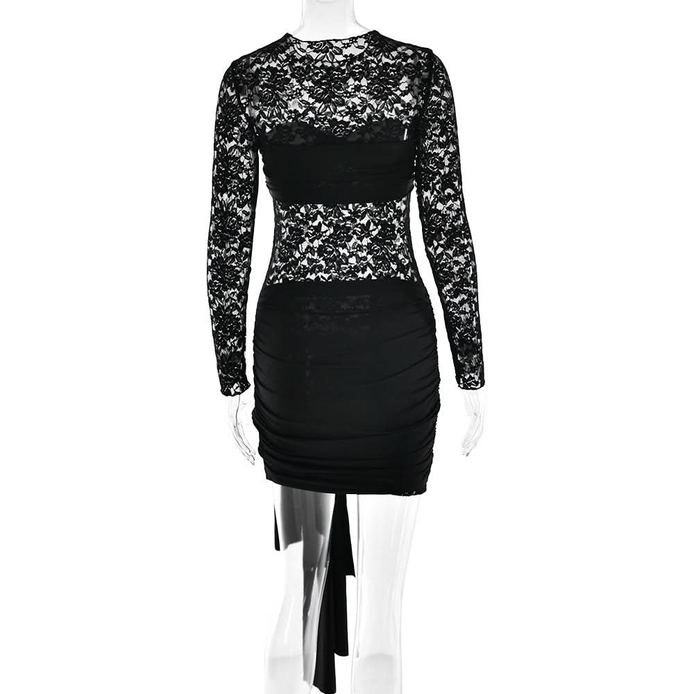 Black Lace Long Sleeve Ruched Mini Dress with Dramatic Asymmetrical Drape | Fall & Holiday Party Glam
