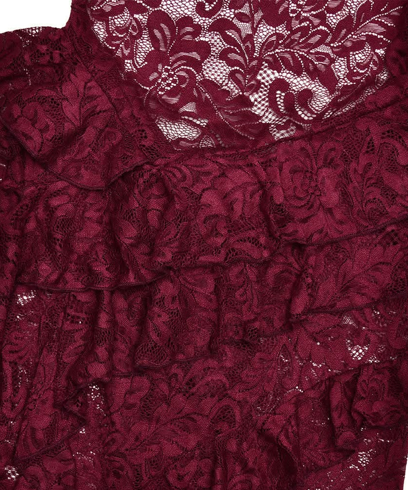 Enchanting Fall: Burgundy Lace Ruffle Halter Maxi Dress - Perfect for Halloween & Holiday Soirees