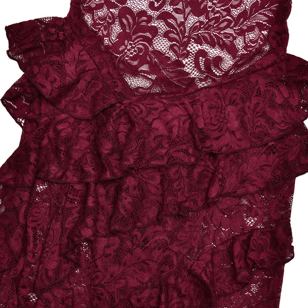 Enchanting Fall: Burgundy Lace Ruffle Halter Maxi Dress - Perfect for Halloween & Holiday Soirees