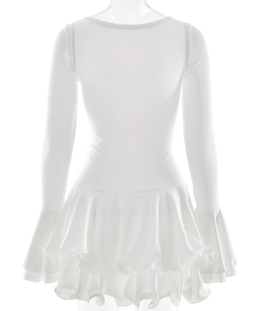 Autumn Chic Asymmetrical Ruffle Bell Sleeve Tunic Top | Effortless White Mini Dress