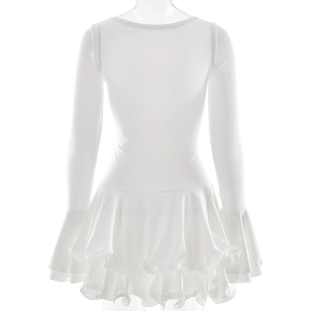 Autumn Chic Asymmetrical Ruffle Bell Sleeve Tunic Top | Effortless White Mini Dress