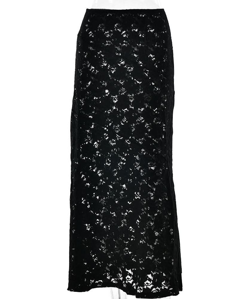 Fall Glam Black Lace Maxi Skirt - Sheer Elegance for Halloween & Holiday Parties