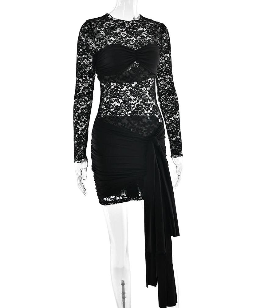 Black Lace Long Sleeve Ruched Mini Dress with Dramatic Asymmetrical Drape | Fall & Holiday Party Glam