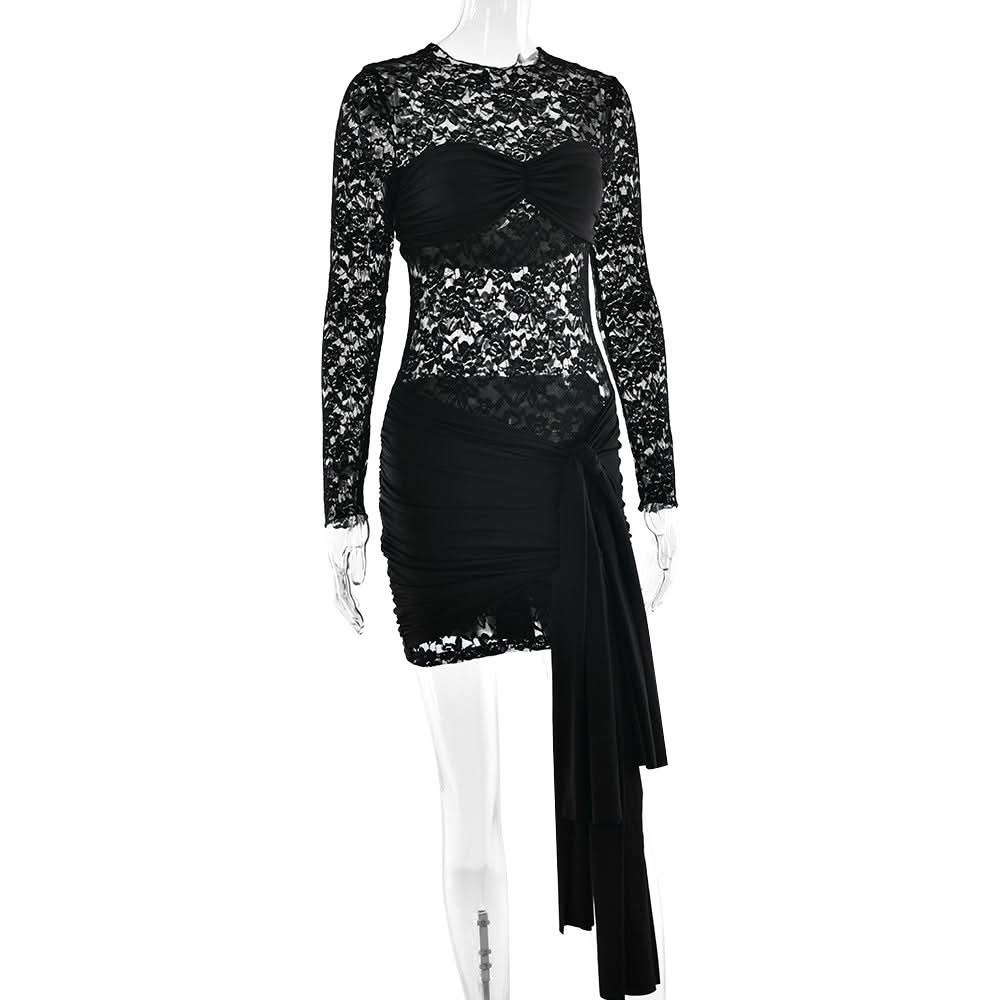 Black Lace Long Sleeve Ruched Mini Dress with Dramatic Asymmetrical Drape | Fall & Holiday Party Glam