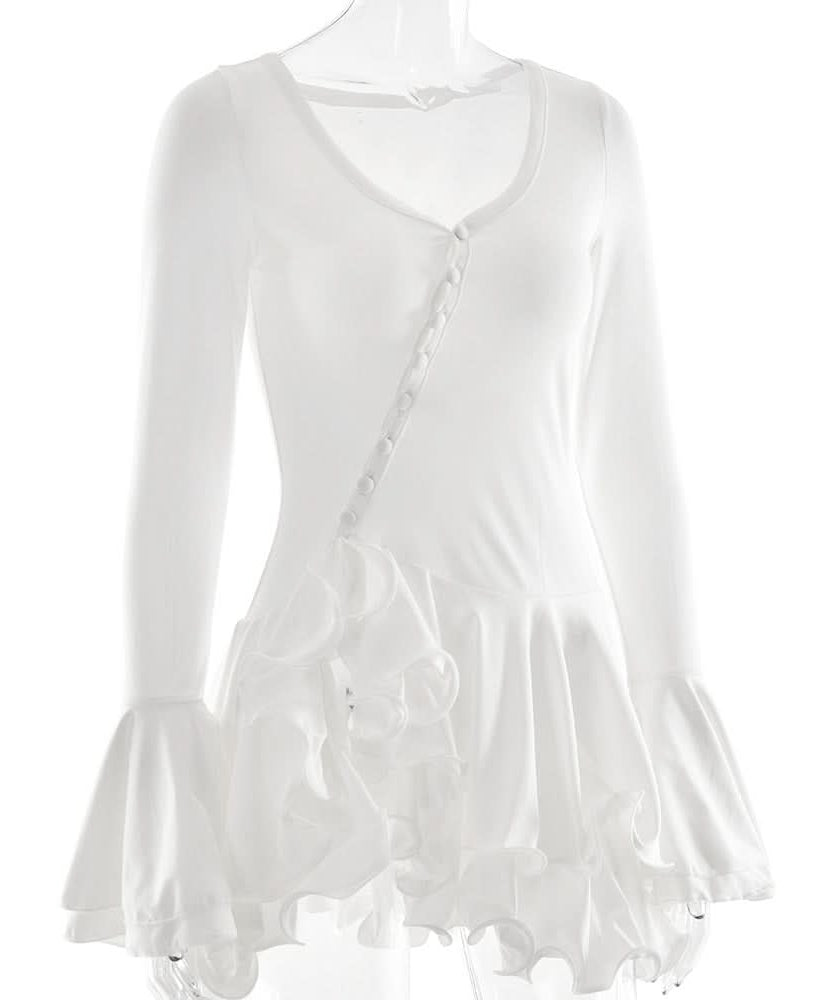 Autumn Chic Asymmetrical Ruffle Bell Sleeve Tunic Top | Effortless White Mini Dress