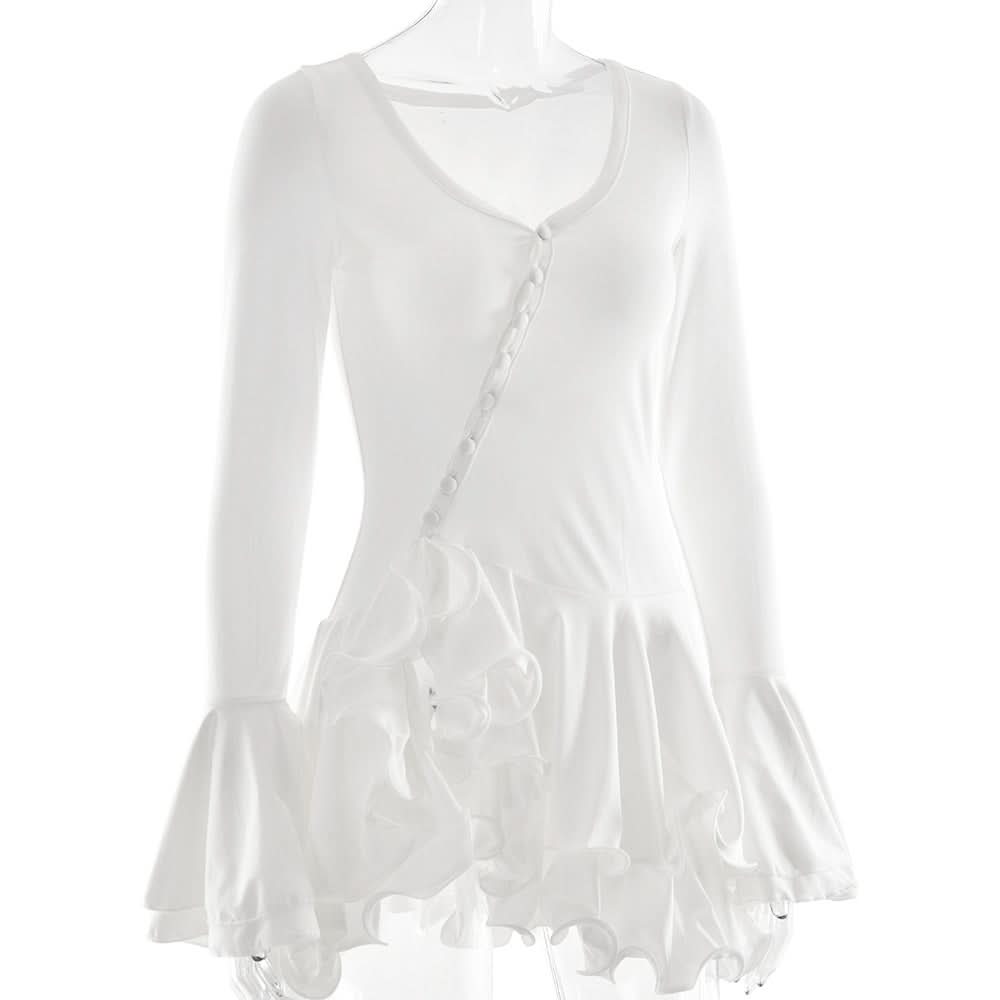 Autumn Chic Asymmetrical Ruffle Bell Sleeve Tunic Top | Effortless White Mini Dress