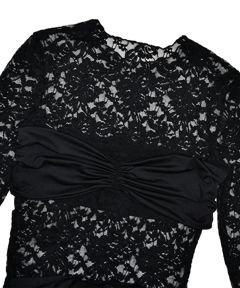 Black Lace Long Sleeve Ruched Mini Dress with Dramatic Asymmetrical Drape | Fall & Holiday Party Glam