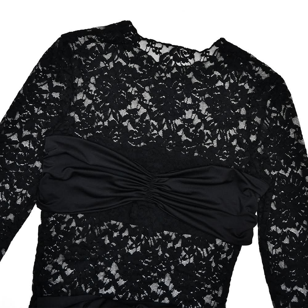 Black Lace Long Sleeve Ruched Mini Dress with Dramatic Asymmetrical Drape | Fall & Holiday Party Glam