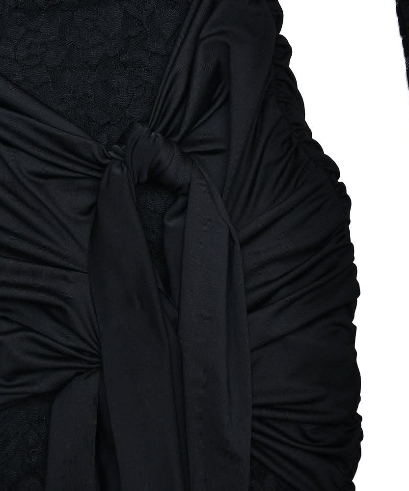 Black Lace Long Sleeve Ruched Mini Dress with Dramatic Asymmetrical Drape | Fall & Holiday Party Glam