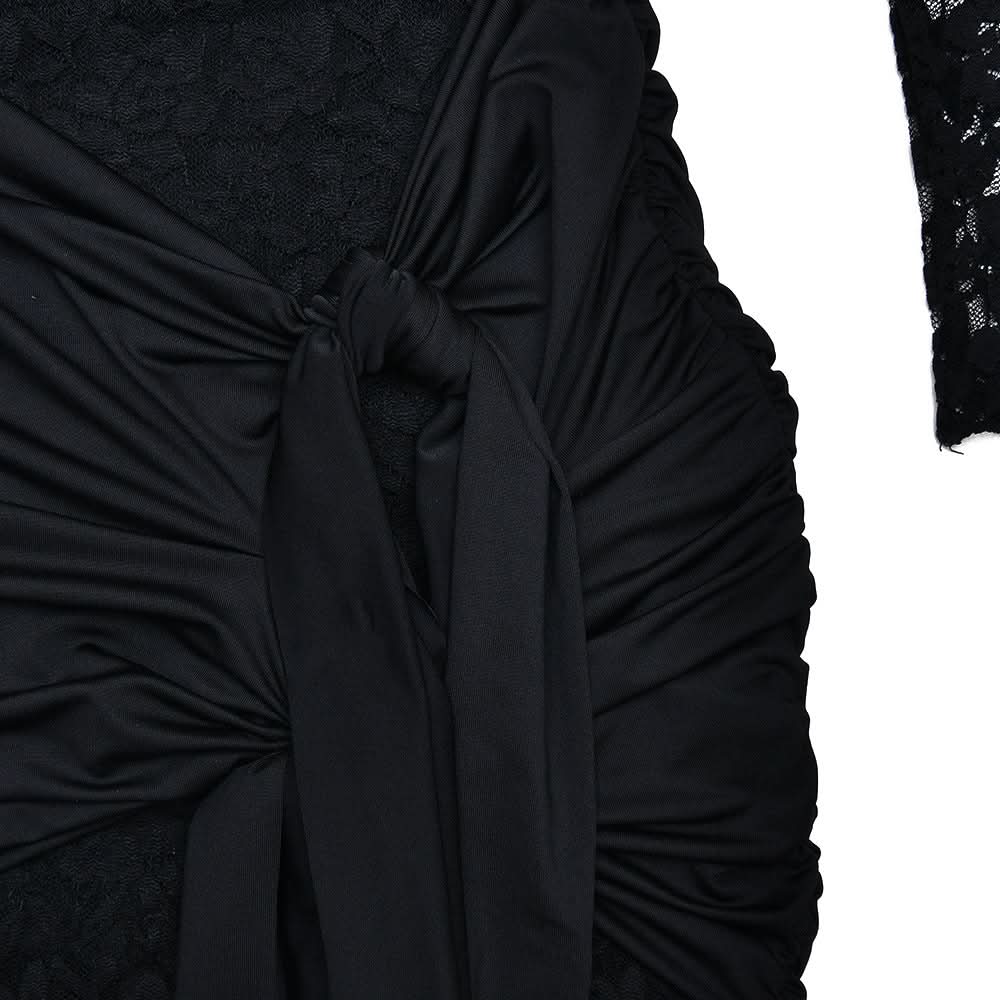 Black Lace Long Sleeve Ruched Mini Dress with Dramatic Asymmetrical Drape | Fall & Holiday Party Glam