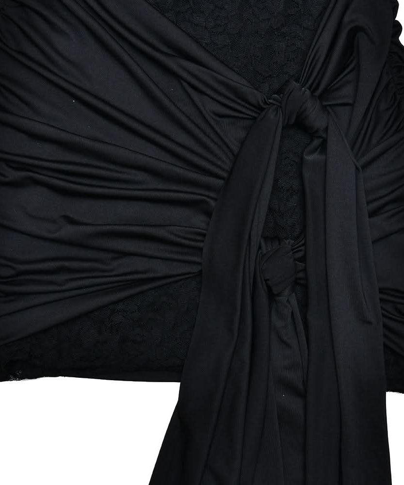 Black Lace Long Sleeve Ruched Mini Dress with Dramatic Asymmetrical Drape | Fall & Holiday Party Glam