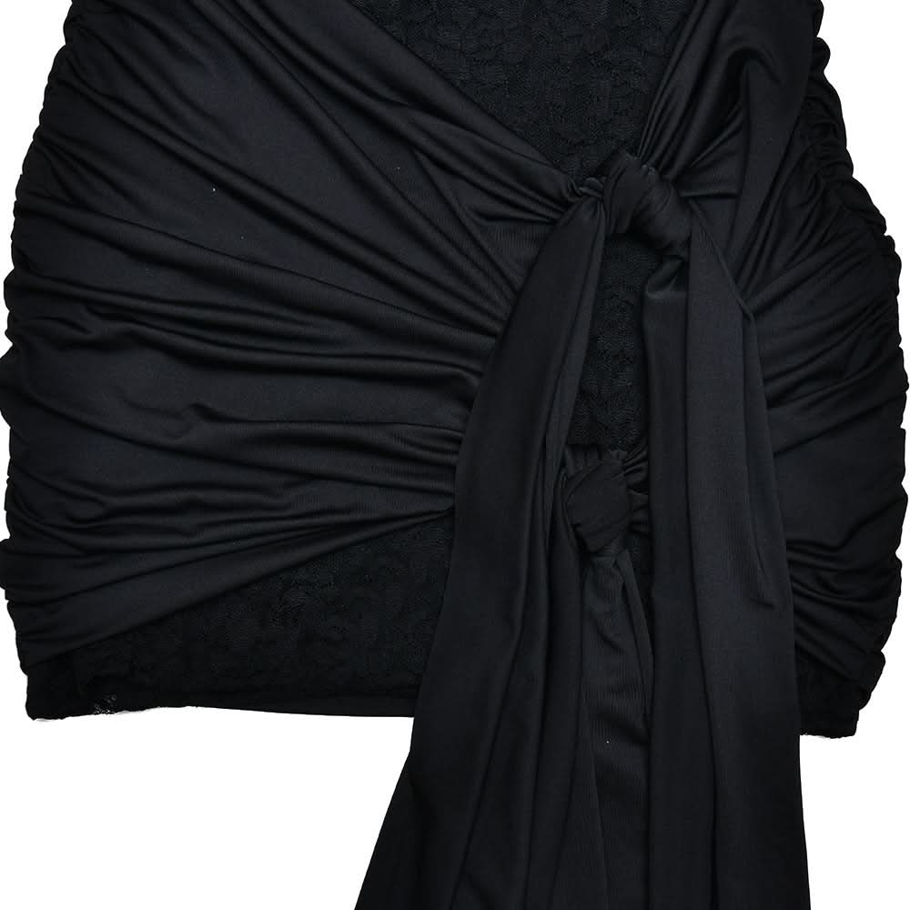 Black Lace Long Sleeve Ruched Mini Dress with Dramatic Asymmetrical Drape | Fall & Holiday Party Glam