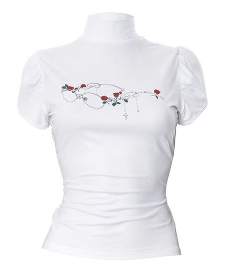 Fall Darling: Y2K Rose & Cross High-Neck Puff Sleeve Top for Women