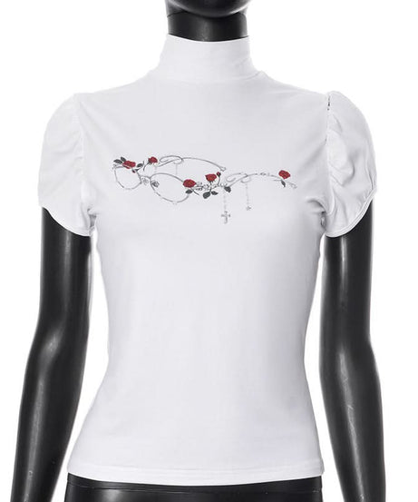 Fall Darling: Y2K Rose & Cross High-Neck Puff Sleeve Top for Women