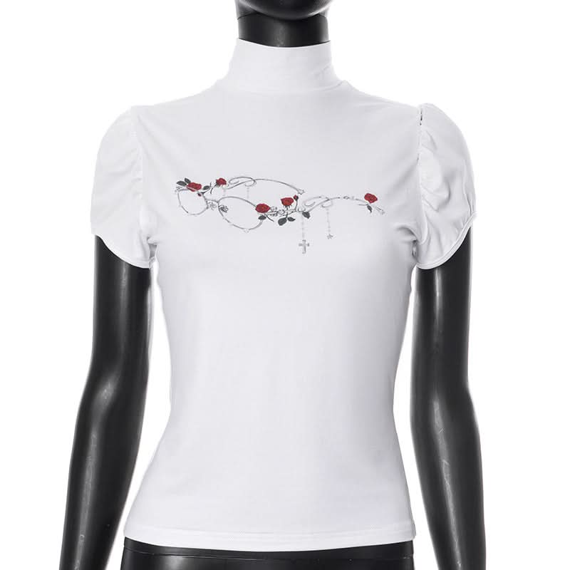 Fall Darling: Y2K Rose & Cross High-Neck Puff Sleeve Top for Women