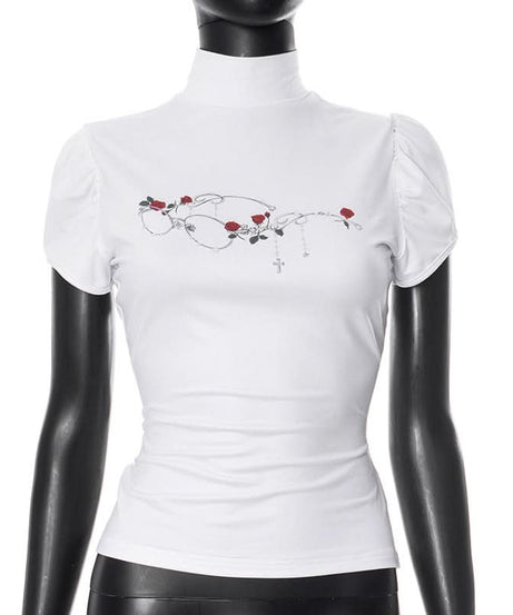 Fall Darling: Y2K Rose & Cross High-Neck Puff Sleeve Top for Women