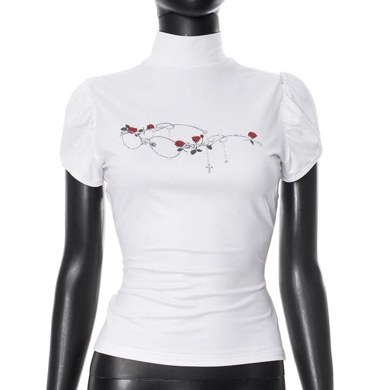 Fall Darling: Y2K Rose & Cross High-Neck Puff Sleeve Top for Women
