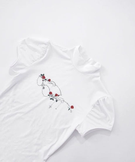 Fall Darling: Y2K Rose & Cross High-Neck Puff Sleeve Top for Women