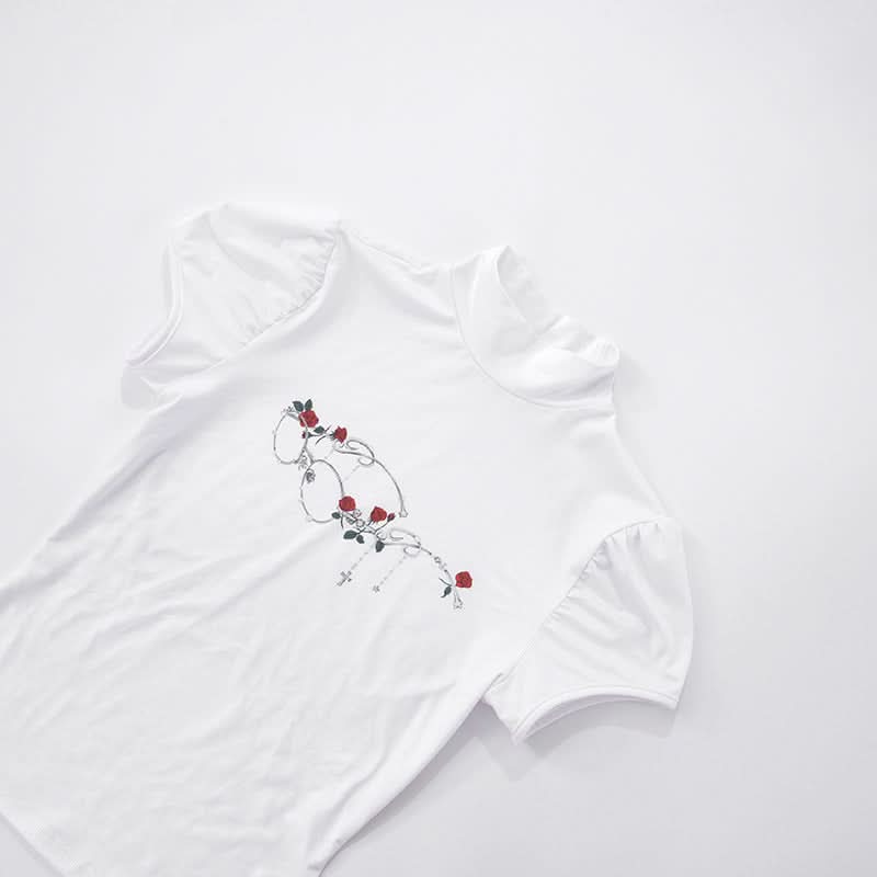 Fall Darling: Y2K Rose & Cross High-Neck Puff Sleeve Top for Women