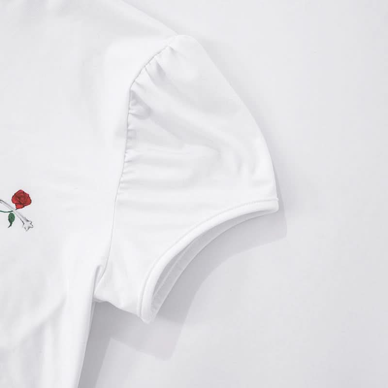 Fall Darling: Y2K Rose & Cross High-Neck Puff Sleeve Top for Women