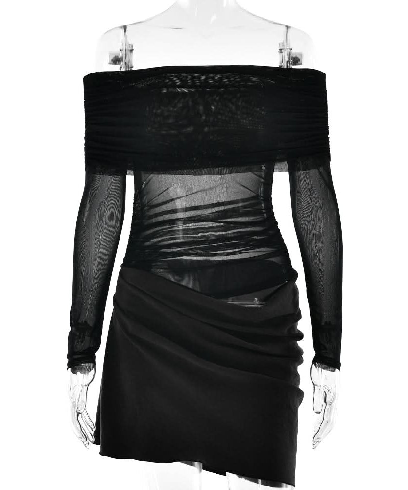 Sultry Black Sheer Mesh Off-Shoulder Mini Dress - Fall Party & Date Night Ready