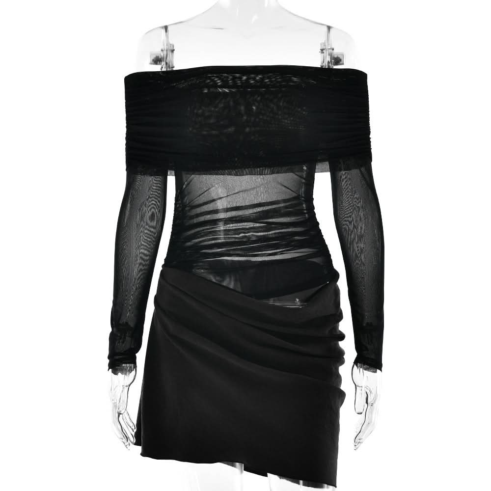 Sultry Black Sheer Mesh Off-Shoulder Mini Dress - Fall Party & Date Night Ready
