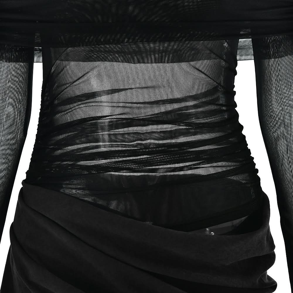 Sultry Black Sheer Mesh Off-Shoulder Mini Dress - Fall Party & Date Night Ready
