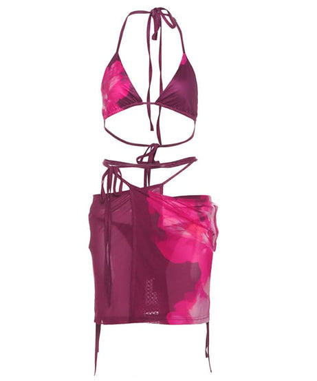 Bold Floral Halter Bikini & Cut-Out Mini Skirt Set - Chic Resort & Fall/Winter Vacation Ready