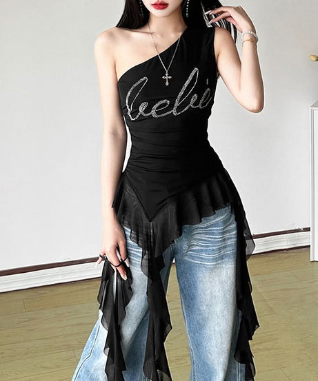 Y2K Glam One-Shoulder Bebe Rhinestone Ruffle Top - Perfect for Fall Nights Out