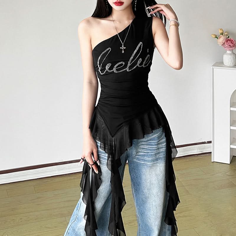 Y2K Glam One-Shoulder Bebe Rhinestone Ruffle Top - Perfect for Fall Nights Out